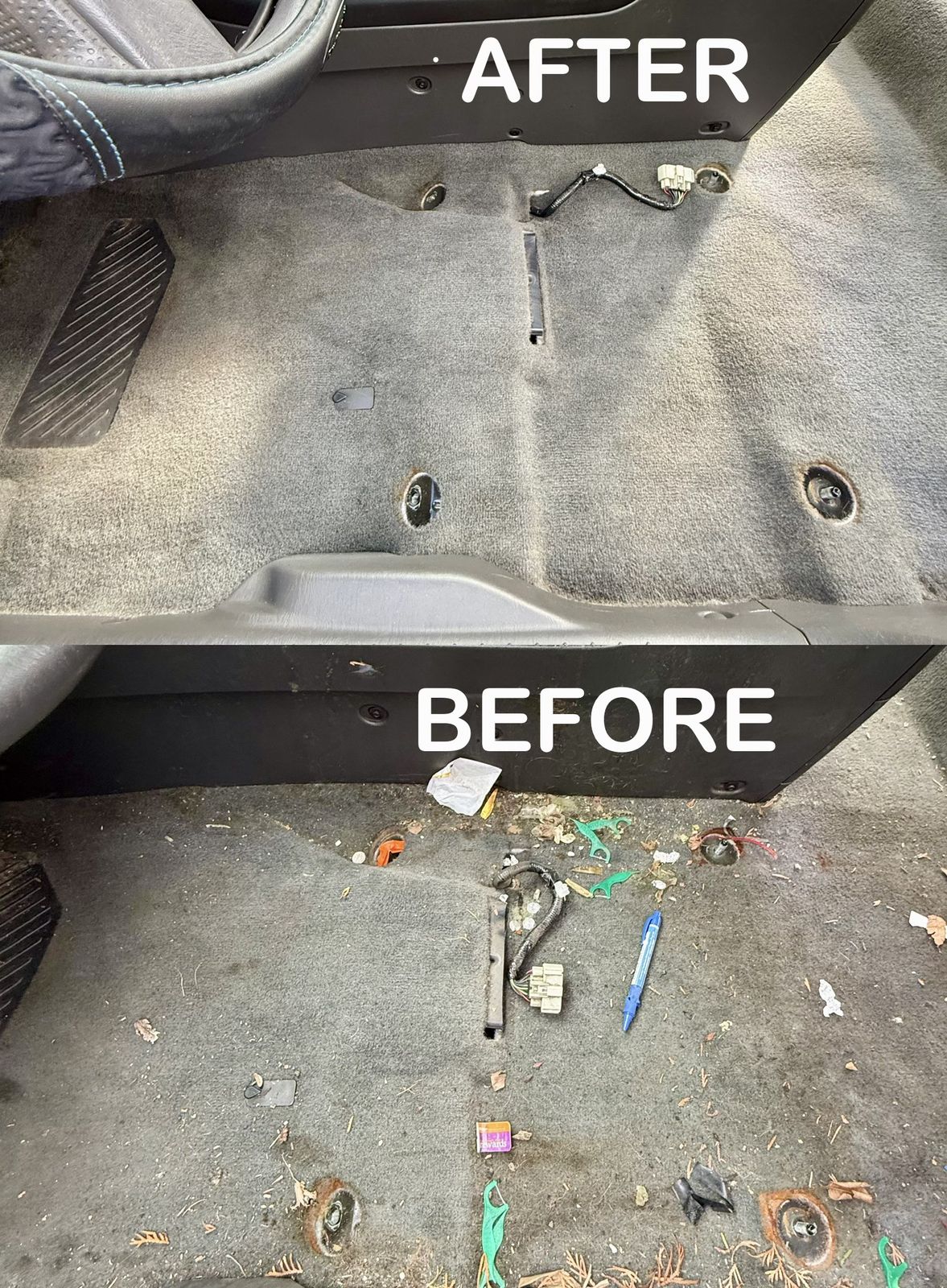 Before and after — front carpet deep cleaned, seats removed